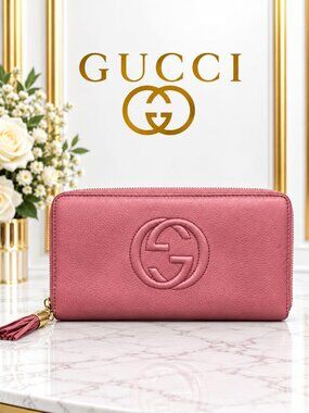 Authentic Gucci Soho Zip Around Wallet Pink Leather GG Logo Luxury